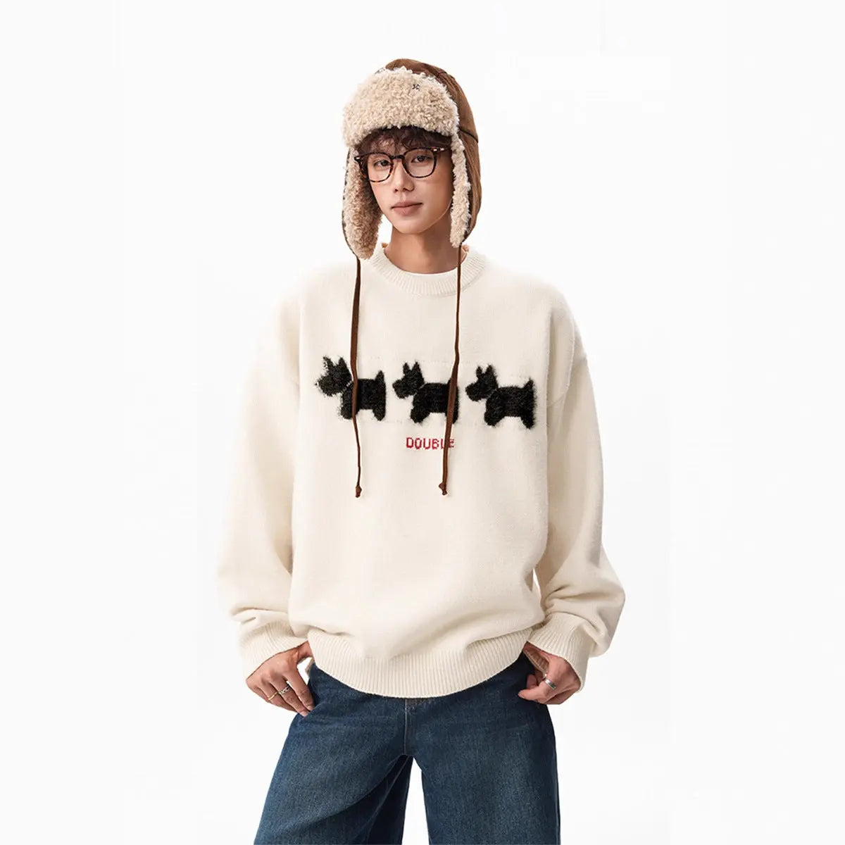 Flocked Dog Pattern Knit Sweater for Men and Women Winter Fashion Brand Loose Warm Knitwear College Style Couple Sweater Markonline