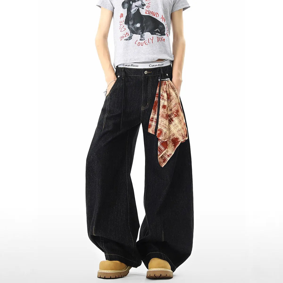 Plaid Baggy High Waist Zipper Jeans for Men and Women &ndash; Loose Wide Leg Oversized Pants