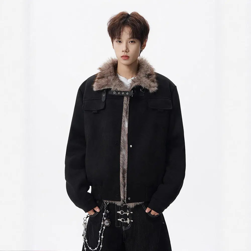 Retro Shearling Lapel Coat for Men Winter Fleece-Lined Thick Warm Loose Suede Motorcycle Style Cotton Jacket