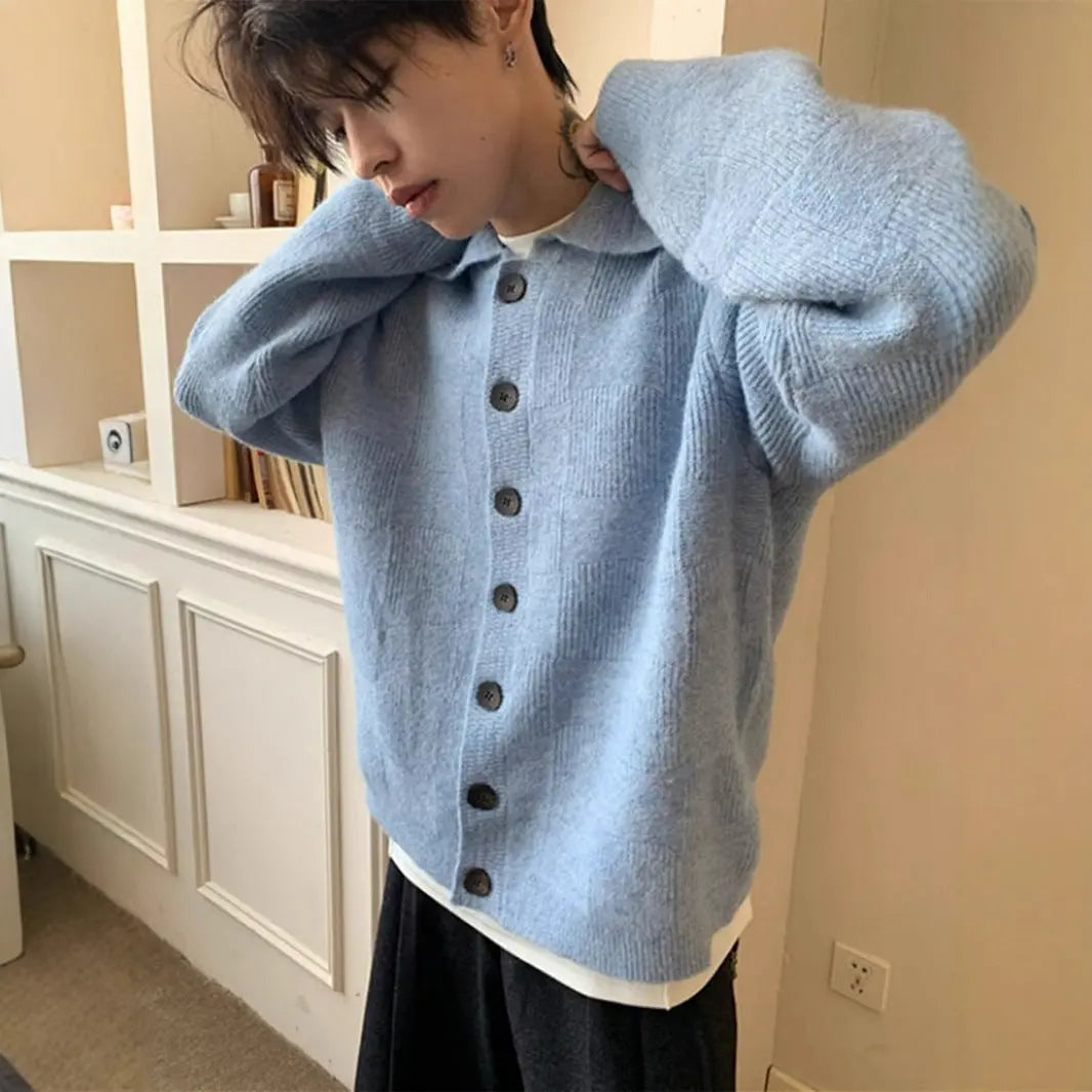 Brown Turn-Down Collar Cardigan Sweater for Men, Autumn/Winter Literary Style, Lazy Outerwear, Clean Fit, Loose Knit Sweater Markonline