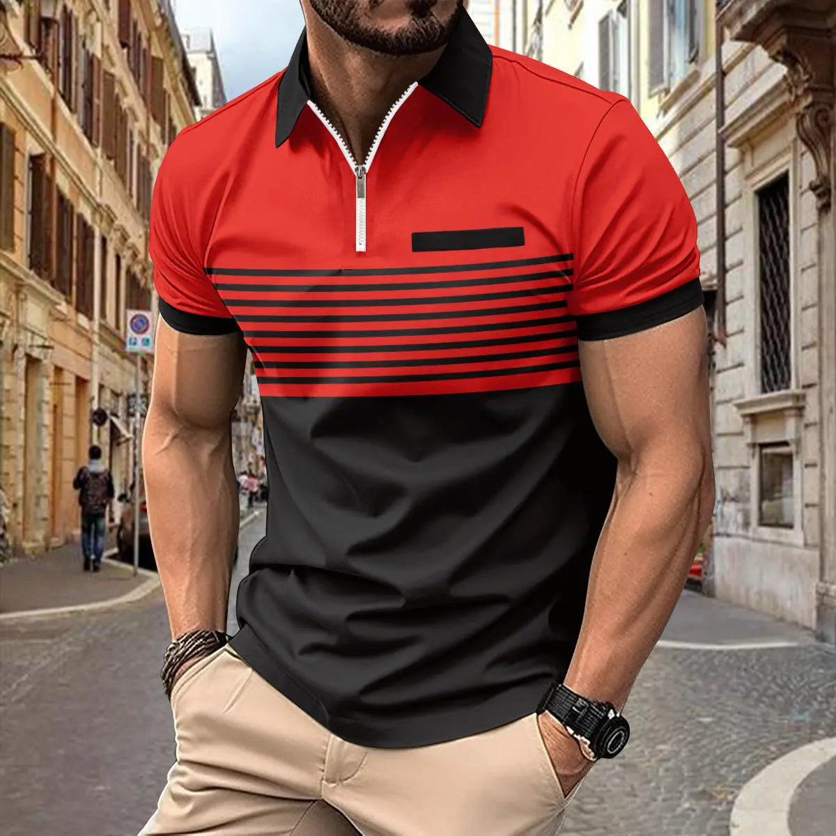 Polo Zipper Men's Printed Striped Polo Shirt Markonline