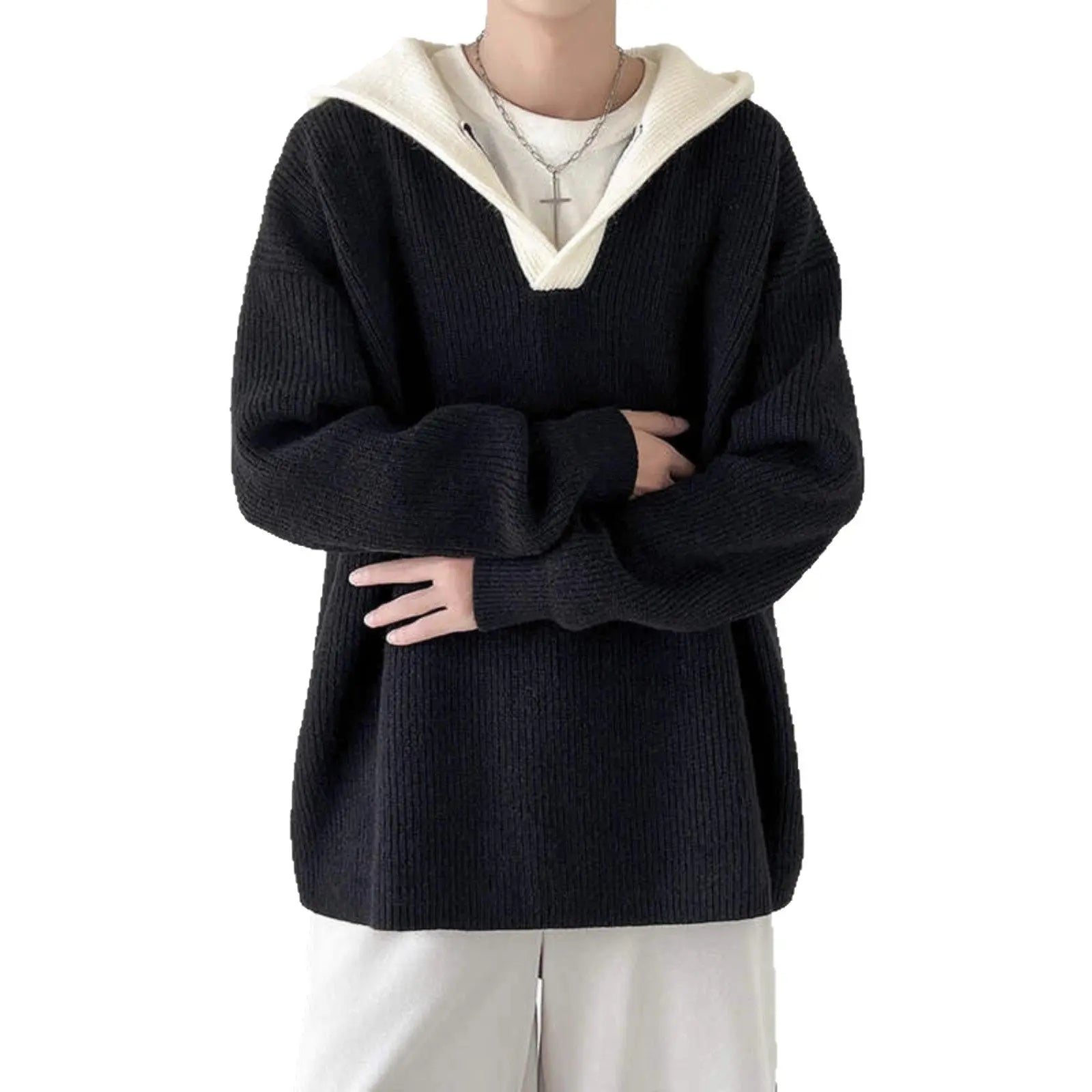 Casual V-Neck Color-Blocked Faux Two-Piece Hooded Sweater for Men, Thickened Autumn/Winter Knitwear, Unisex Matching Pullover Sweater Markonline