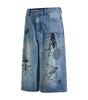 Street Graffiti Print Destroyed Hole Seven-Quarter Denim Shorts for Men Markonline