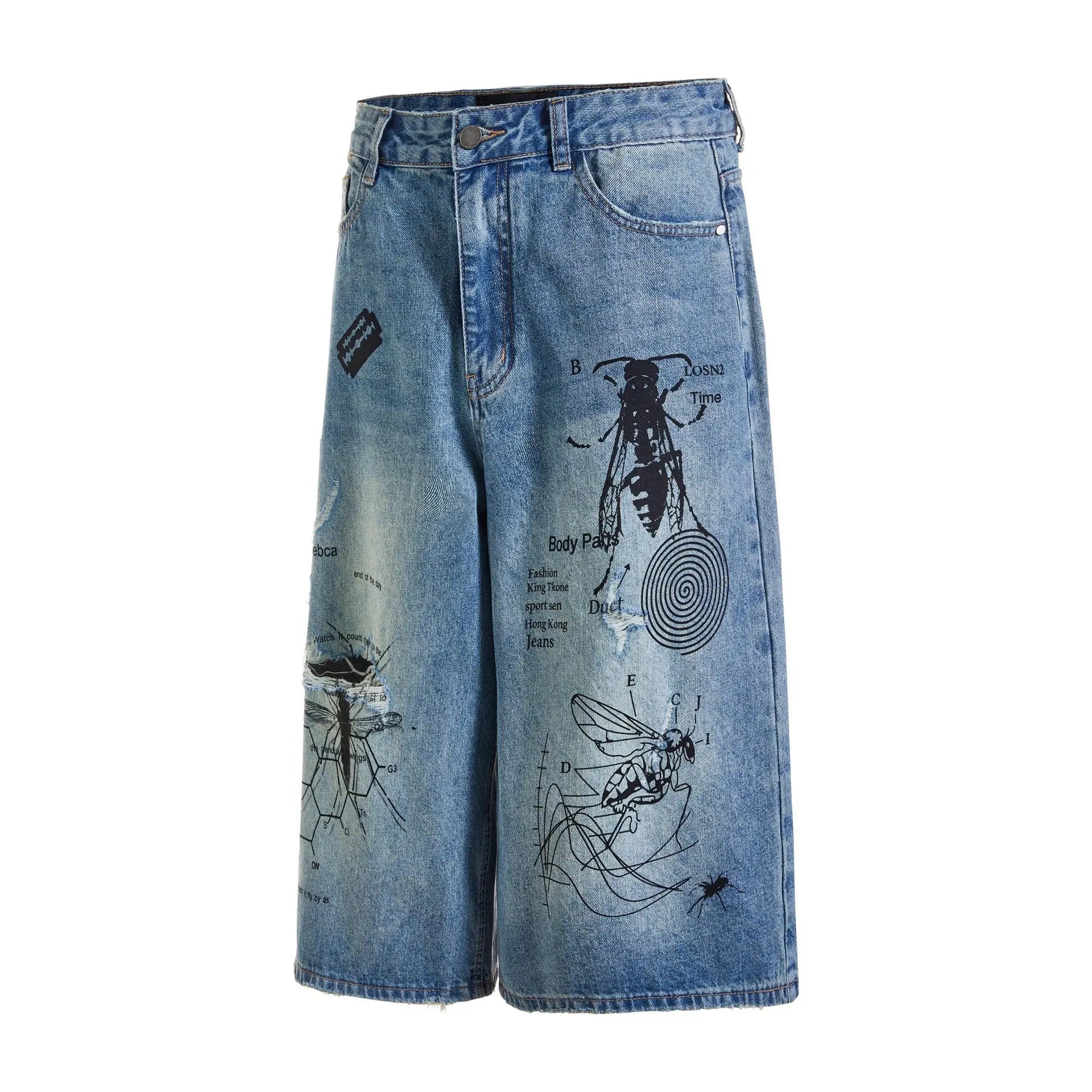 Street Graffiti Print Destroyed Hole Seven-Quarter Denim Shorts for Men Markonline