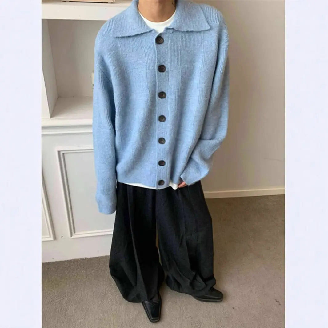 Brown Turn-Down Collar Cardigan Sweater for Men, Autumn/Winter Literary Style, Lazy Outerwear, Clean Fit, Loose Knit Sweater