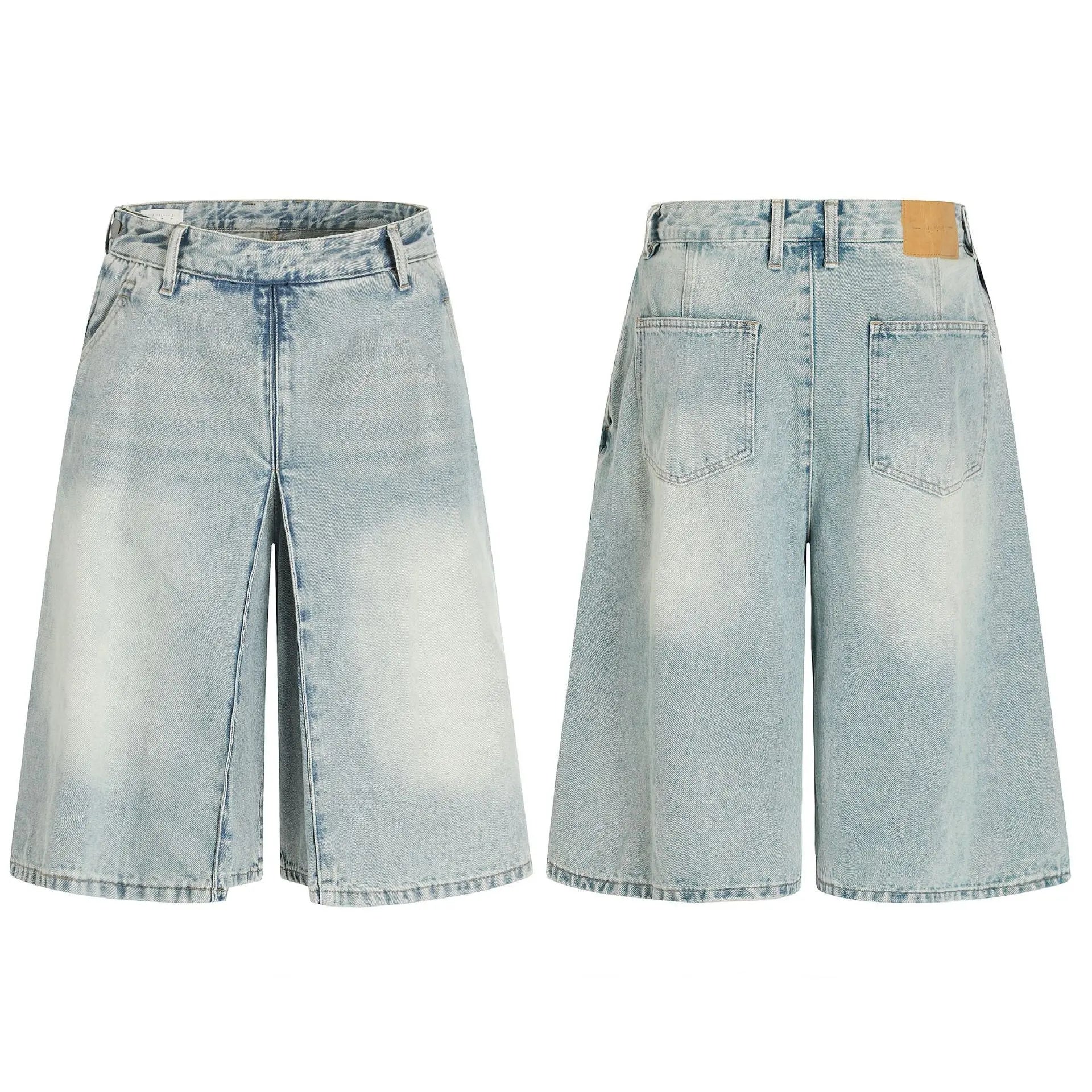 Washed Blue A-Line Straight Loose Denim Shorts for Men and Women Markonline