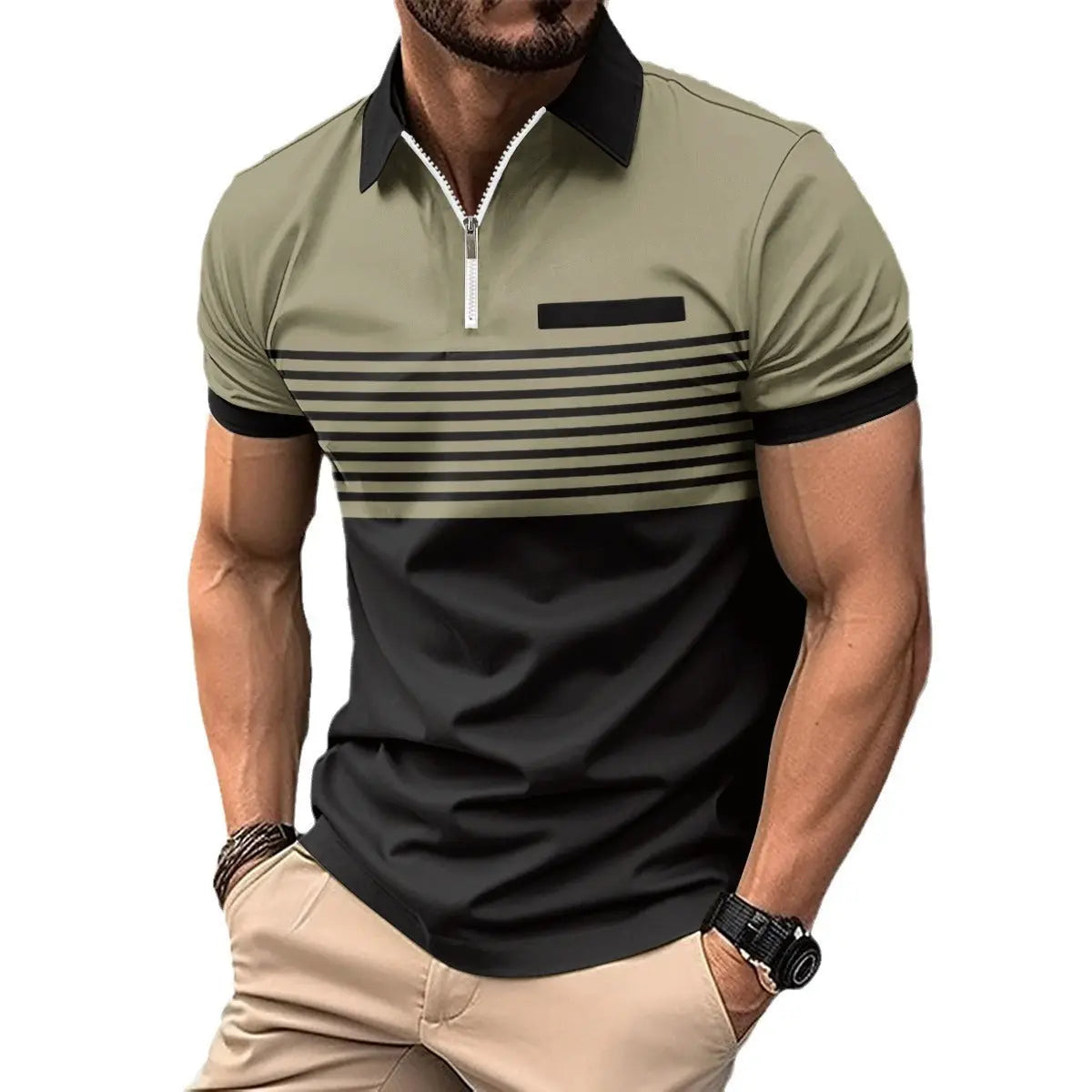 Polo Zipper Men's Printed Striped Polo Shirt