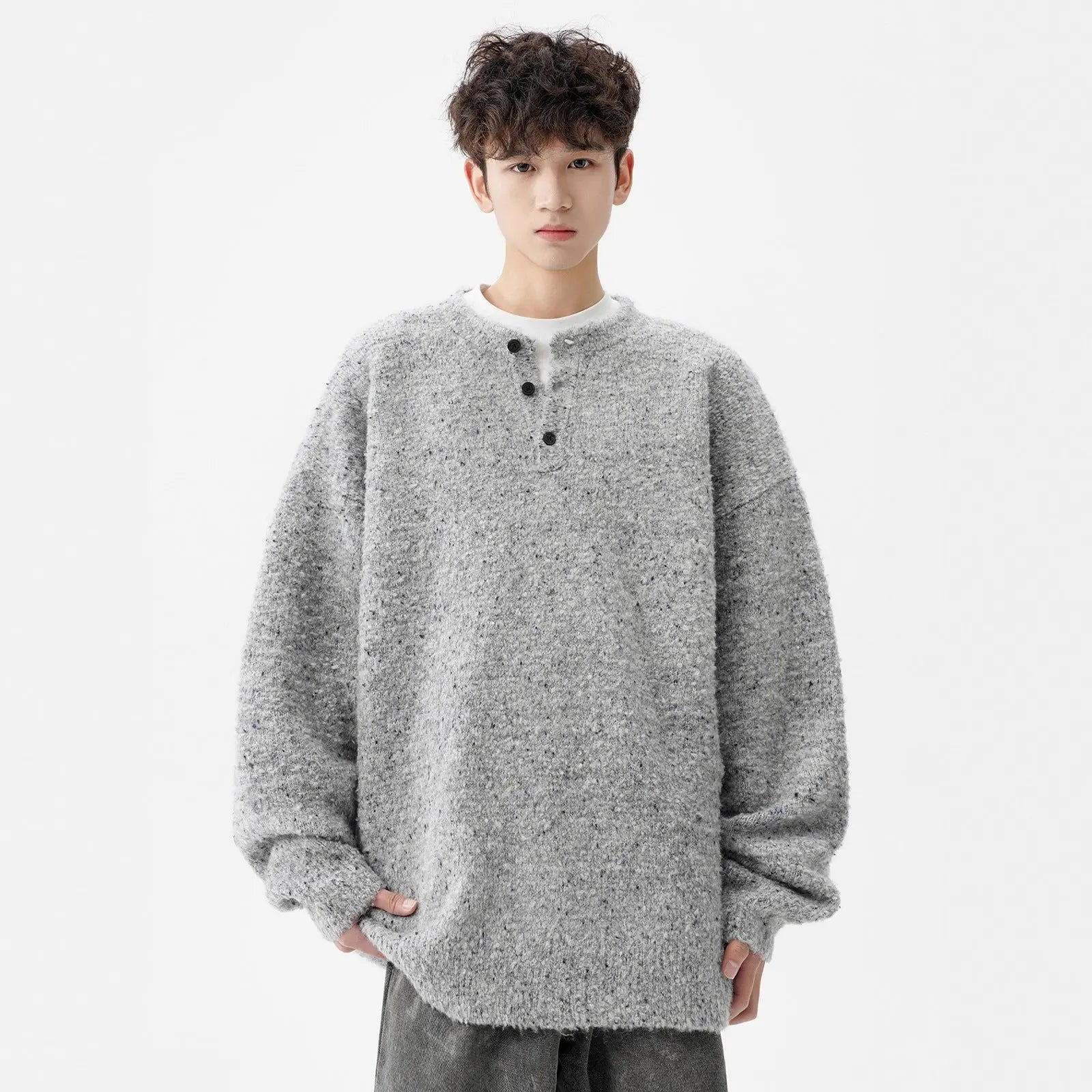 Heavyweight Henley Neck Sweater for Men, Autumn Winter New Thick Wool Knitwear, Loose Warm Pullover Knit Sweater Markonline