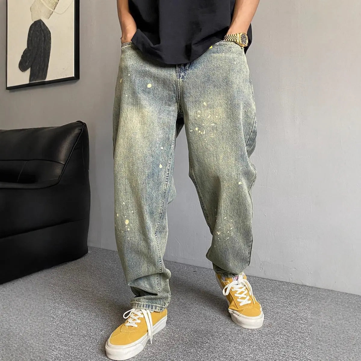 Style Winter Casual Streetwear Washed Vintage Splatter Denim Pants Men Straight Loose Oversize Versatile Tapered Jeans Markonline