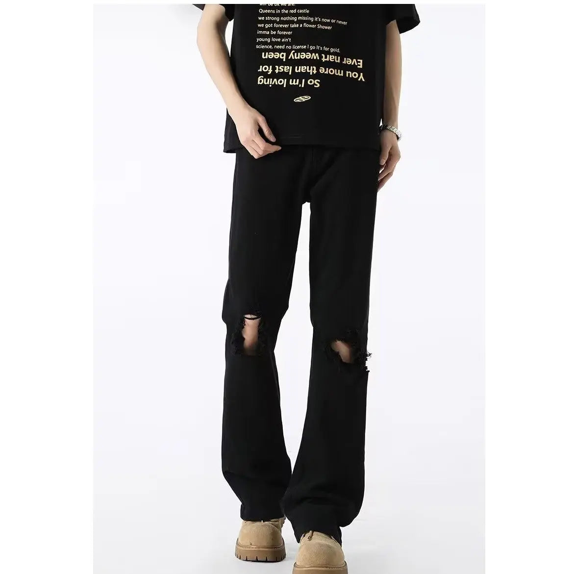 Micro flared knee hole denim pants for men