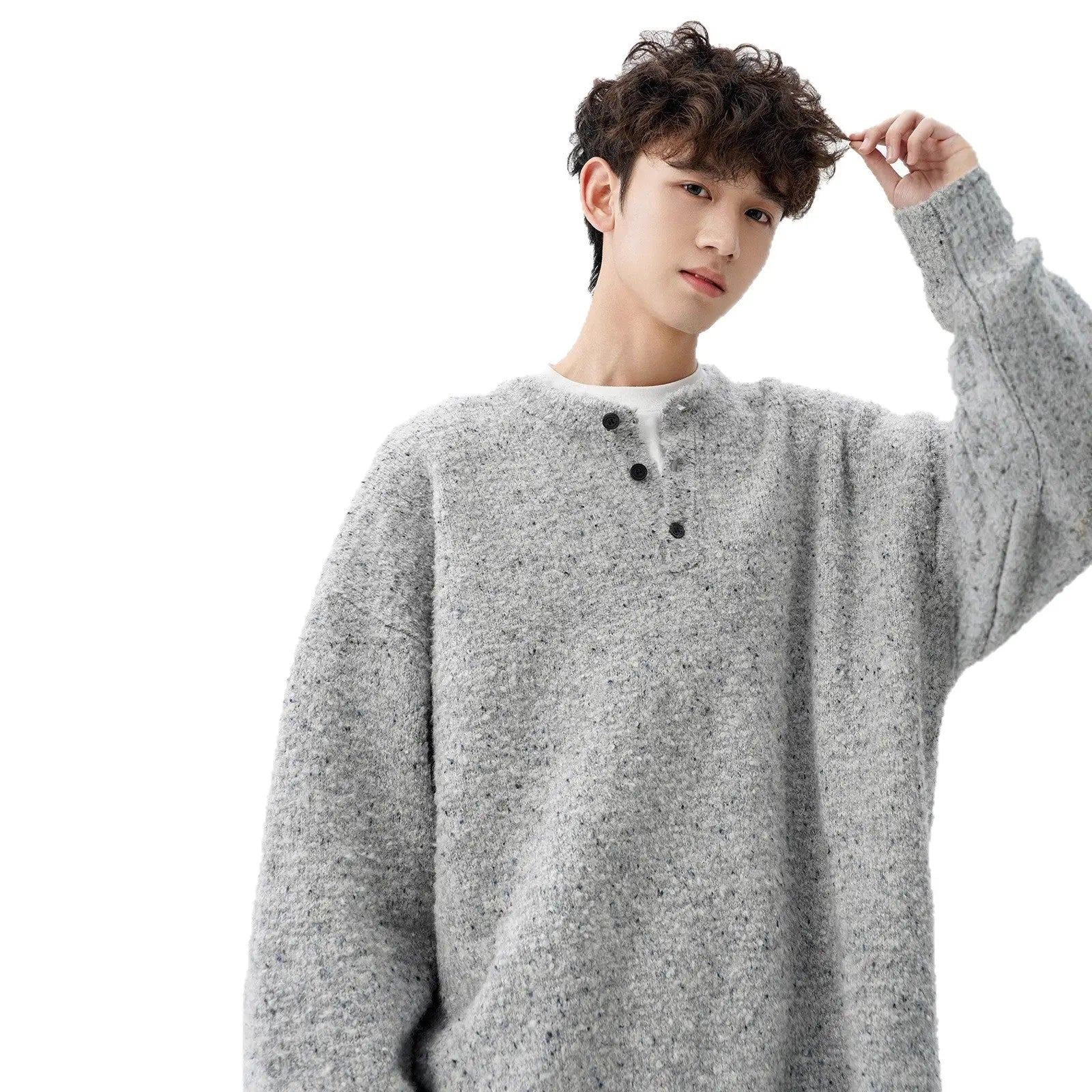 Heavyweight Henley Neck Sweater for Men, Autumn Winter New Thick Wool Knitwear, Loose Warm Pullover Knit Sweater Markonline