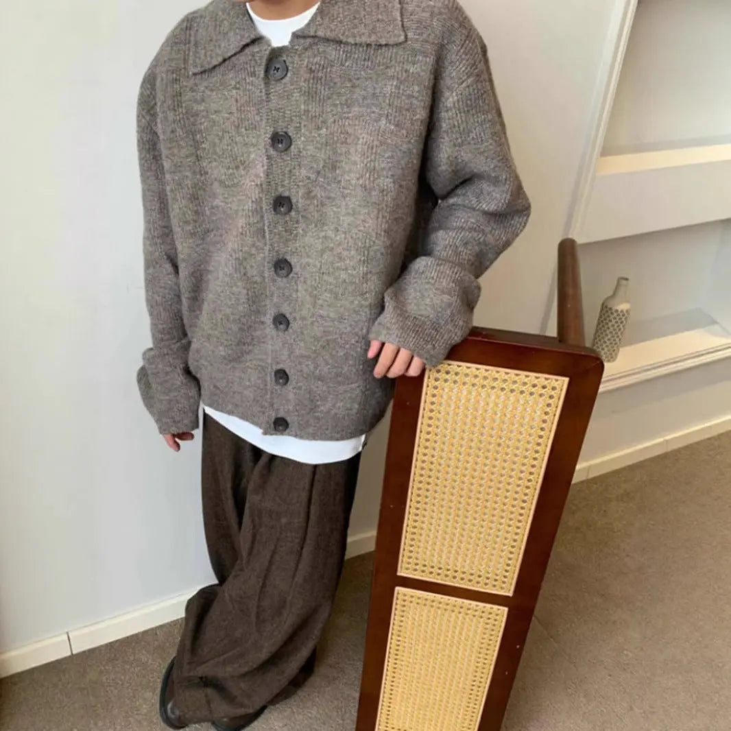 Brown Turn-Down Collar Cardigan Sweater for Men, Autumn/Winter Literary Style, Lazy Outerwear, Clean Fit, Loose Knit Sweater Markonline