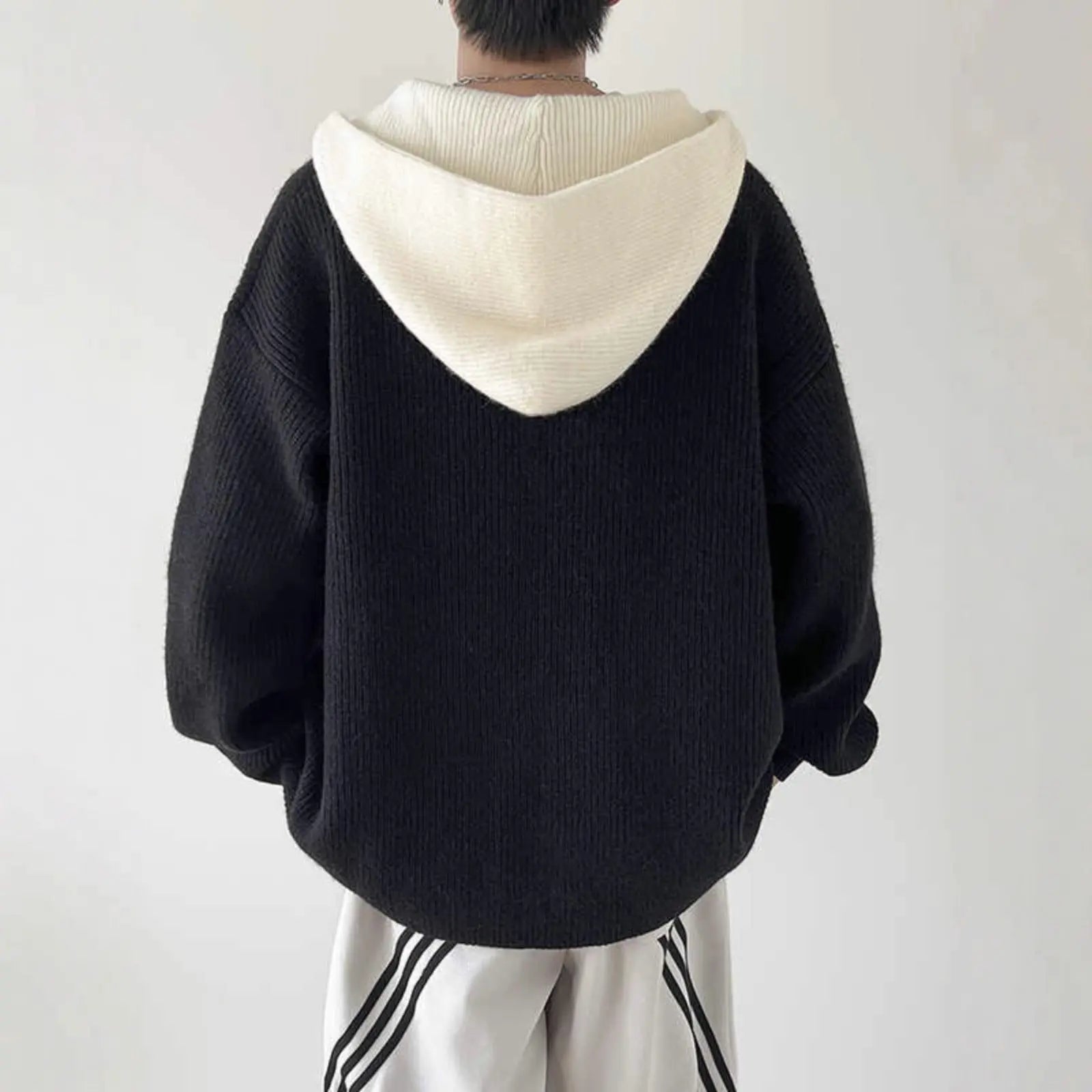 Casual V-Neck Color-Blocked Faux Two-Piece Hooded Sweater for Men, Thickened Autumn/Winter Knitwear, Unisex Matching Pullover Sweater Markonline