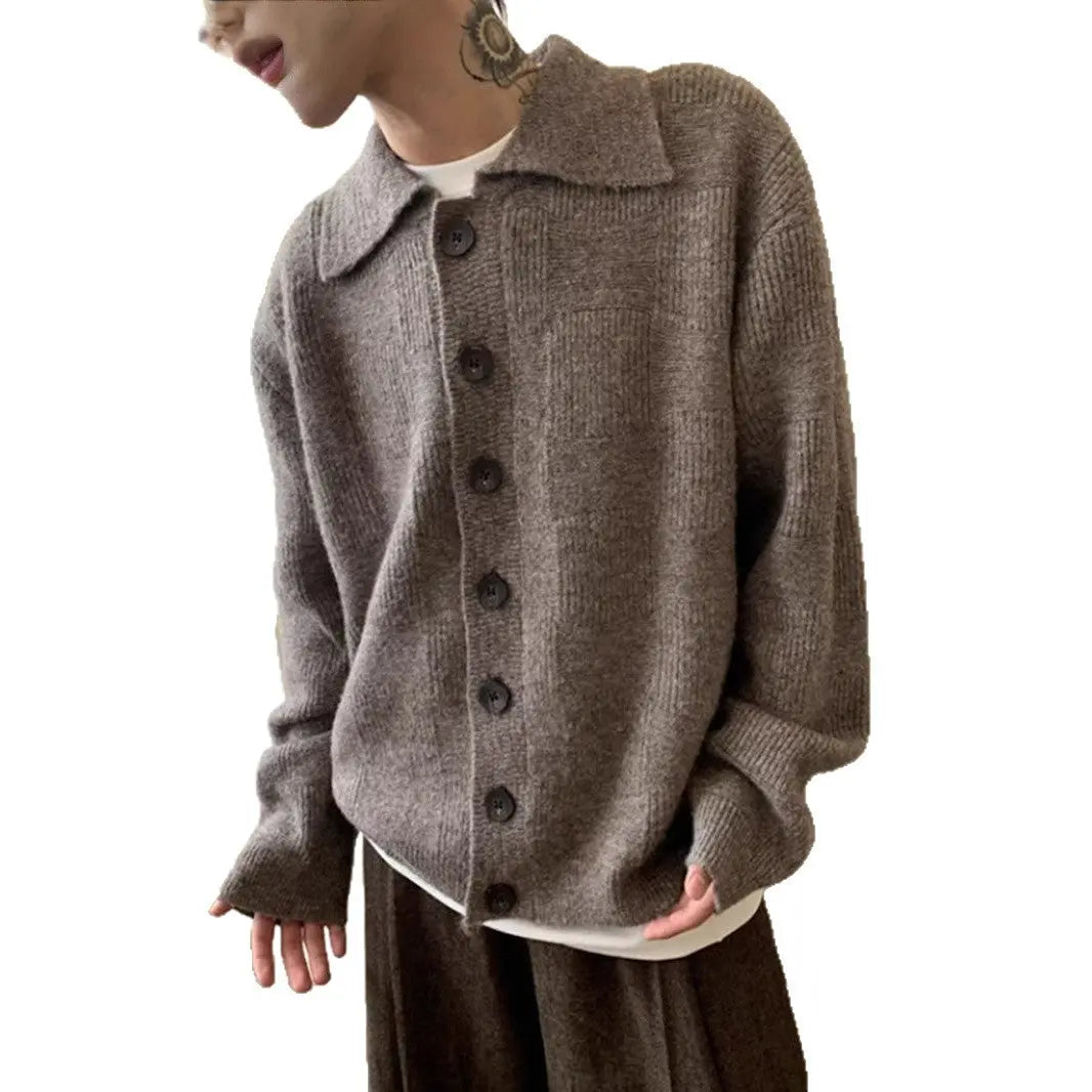 Brown Turn-Down Collar Cardigan Sweater for Men, Autumn/Winter Literary Style, Lazy Outerwear, Clean Fit, Loose Knit Sweater Markonline
