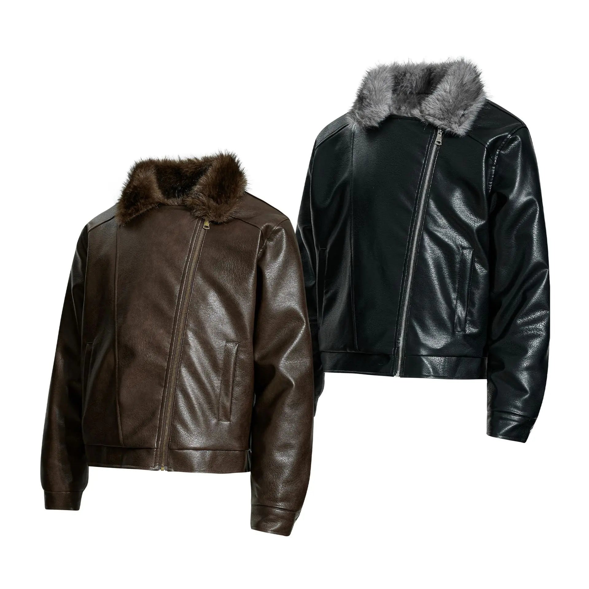 Fur-lined leather jacket motorcycle puffer coat Markonline