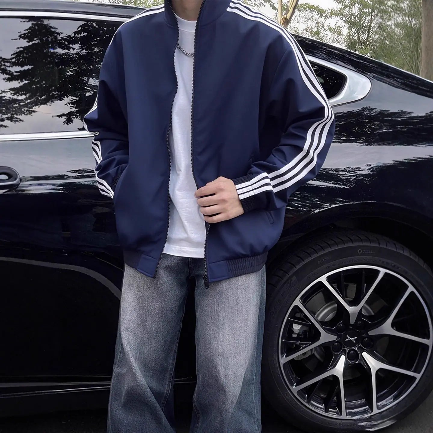 Style Three-Stripe Soft Shell Jacket for Men, Deep Blue Clean Fit Stripe Sport Coat Autumn Outdoor Wear Markonline