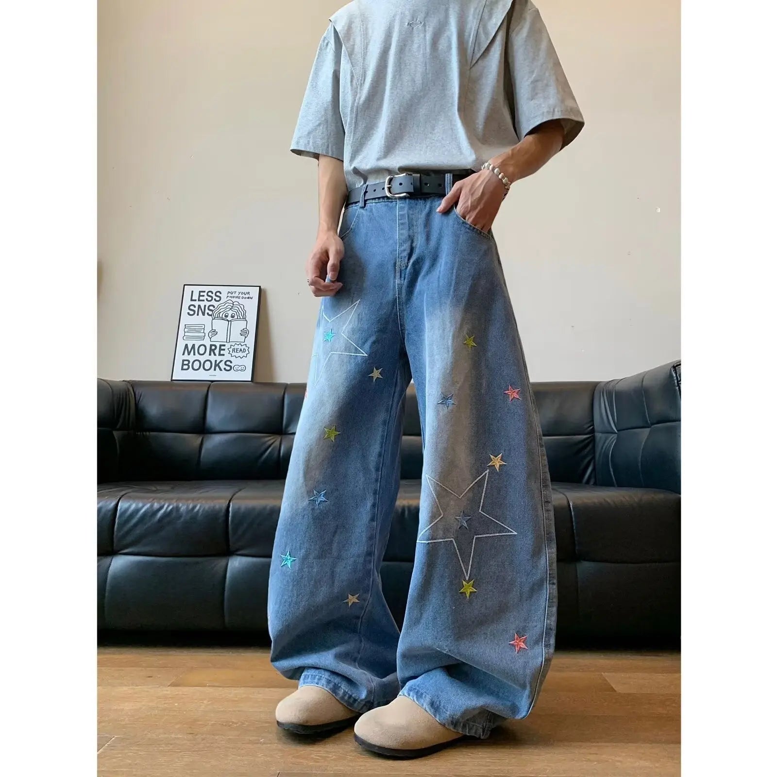 Retro star embroidered curved knife jeans for men