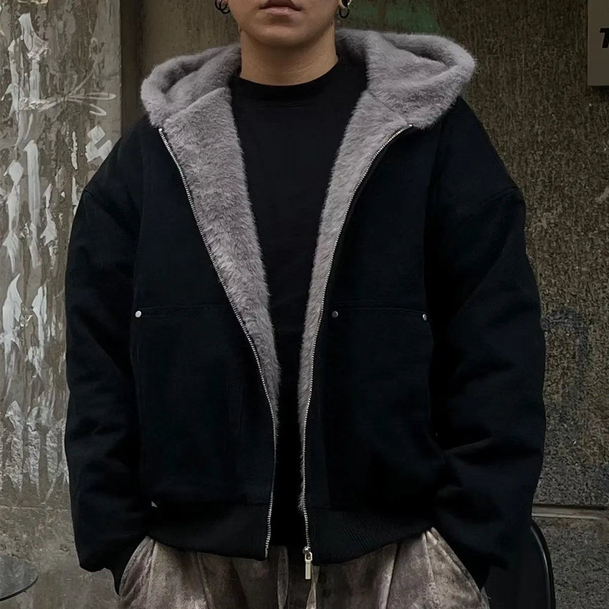 Haired collar hooded cotton jacket for men and women eprolo