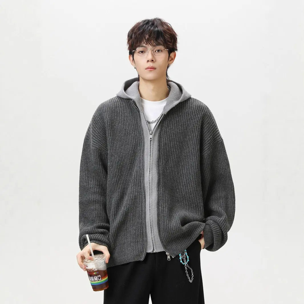 Faux Two-Piece Patchwork Open Front Hooded Knit Sweater Coat for Men and WomenAutumn Winter Loose Couple Lazy Style Sweater