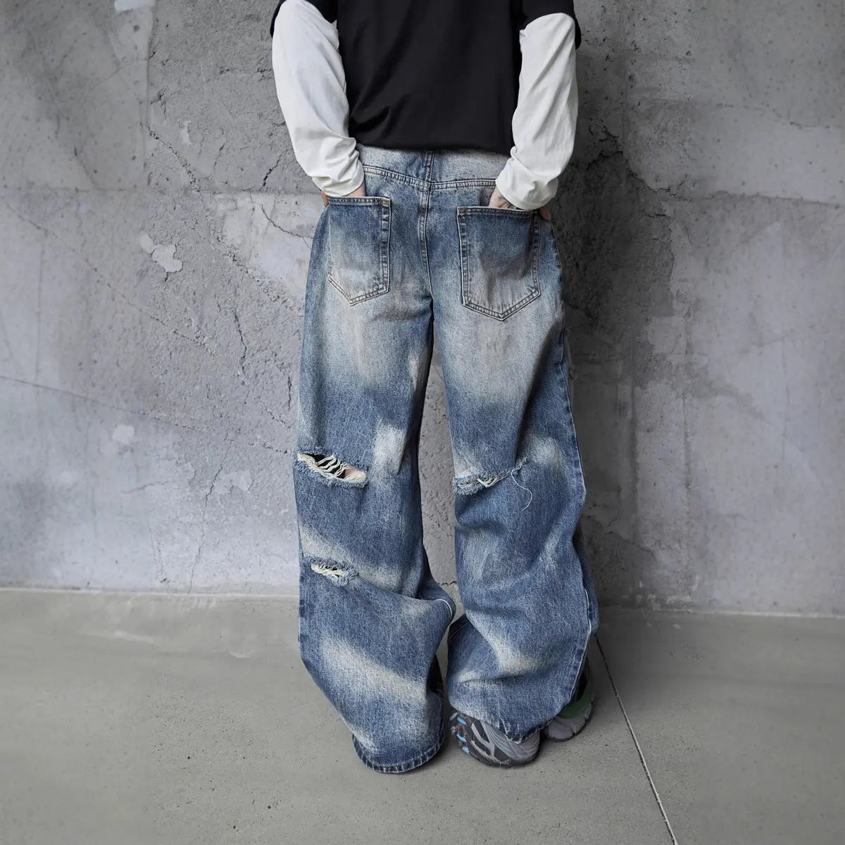 Vintage Personality Design Ripped Streetwear Loose Fit Jeans Men Hip Hop Distressed Wide Leg Long Pants Markonline
