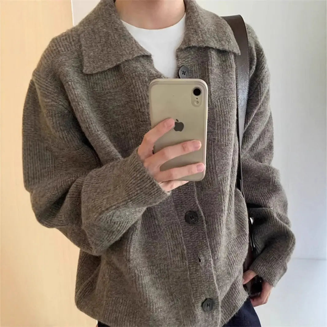 Brown Turn-Down Collar Cardigan Sweater for Men, Autumn/Winter Literary Style, Lazy Outerwear, Clean Fit, Loose Knit Sweater Markonline