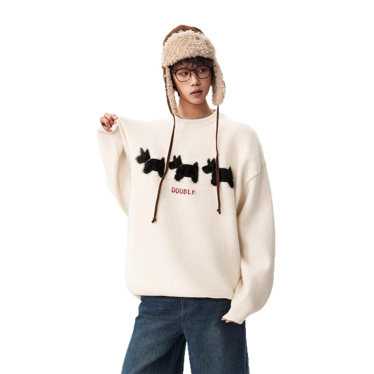 Flocked Dog Pattern Knit Sweater for Men and Women Winter Fashion Brand Loose Warm Knitwear College Style Couple Sweater Markonline
