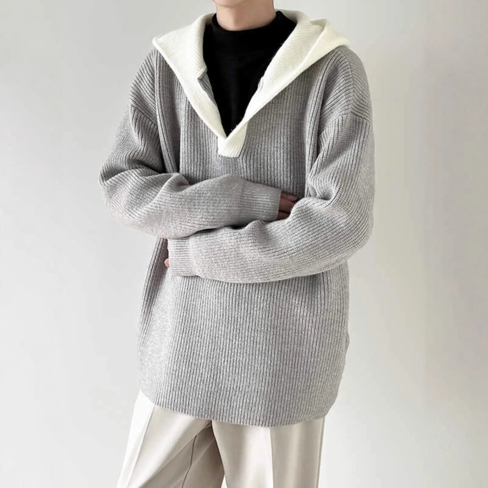 Casual V-Neck Color-Blocked Faux Two-Piece Hooded Sweater for Men, Thickened Autumn/Winter Knitwear, Unisex Matching Pullover Sweater Markonline