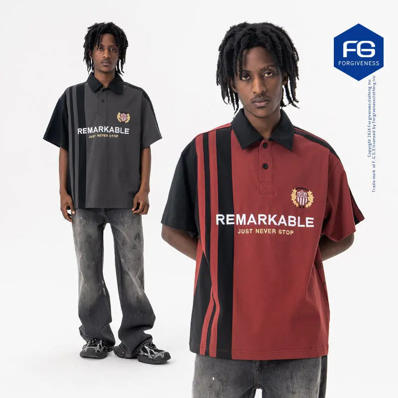 Streetwear Polo Collar Short Sleeve T-Shirt Loose Fit for Men Markonline