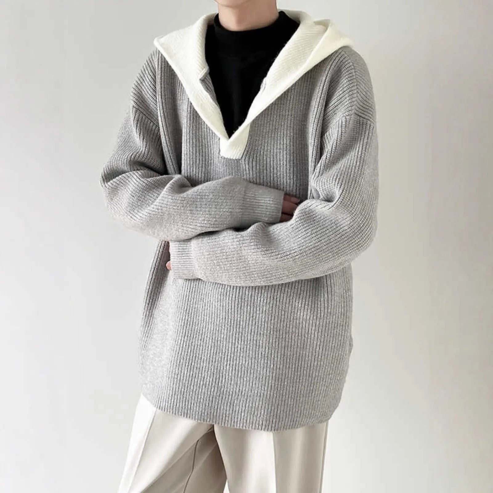 Casual V-Neck Color-Blocked Faux Two-Piece Hooded Sweater for Men, Thickened Autumn/Winter Knitwear, Unisex Matching Pullover Sweater Markonline