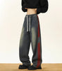 Side Stripe Webbing Denim Pants Men Vintage Washed Oversized Loose Straight Leg Pants Markonline