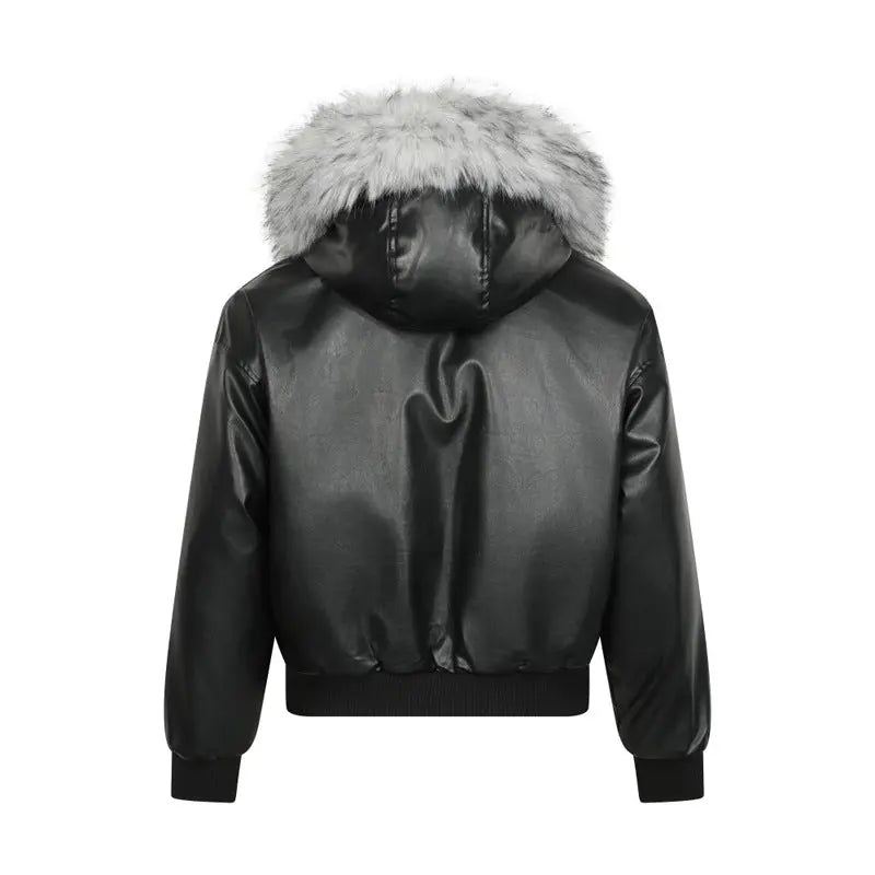 Street Retro Detachable Fur Collar Hooded PU Leather Parka Coat for Men and Women, Loose Oversized Design, Unique Style Winter Jacket Markonline