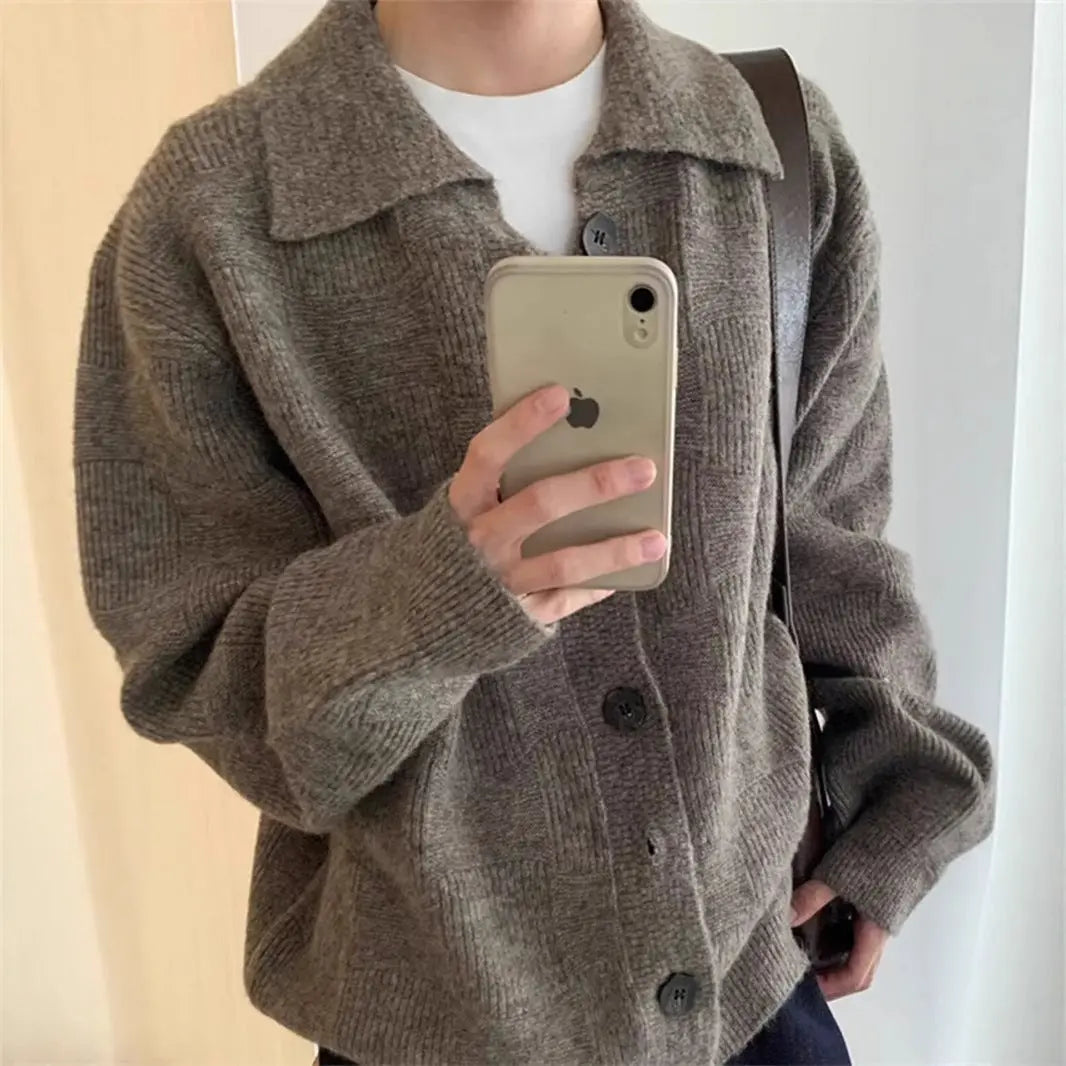 Brown Turn-Down Collar Cardigan Sweater for Men, Autumn/Winter Literary Style, Lazy Outerwear, Clean Fit, Loose Knit Sweater