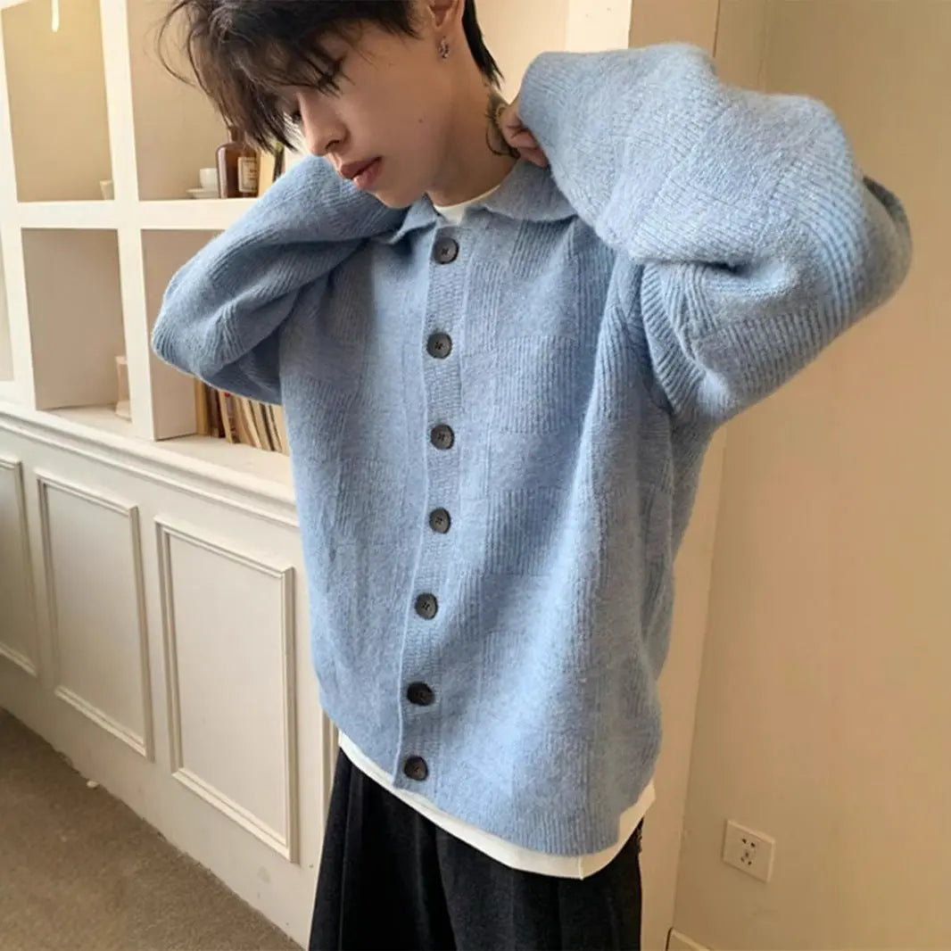 Brown Turn-Down Collar Cardigan Sweater for Men, Autumn/Winter Literary Style, Lazy Outerwear, Clean Fit, Loose Knit Sweater Markonline