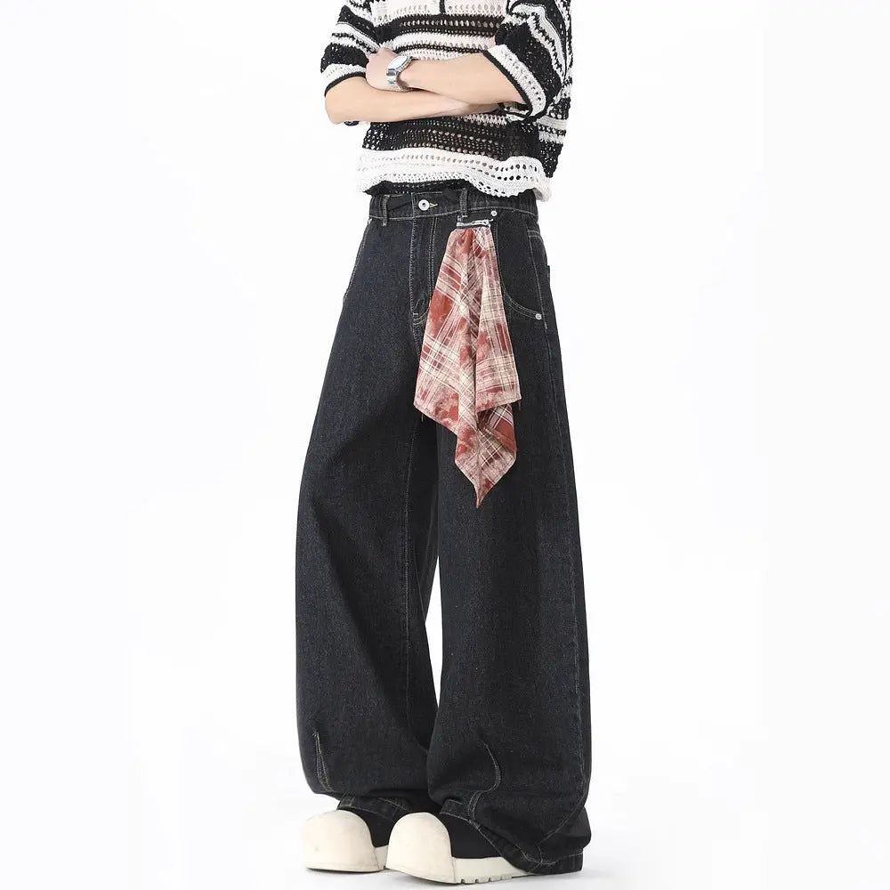 Retro Plaid Bandana Knife-Edge Denim Pants for Men Clean Fit Loose Wide Leg Straight Cut Pants Markonline