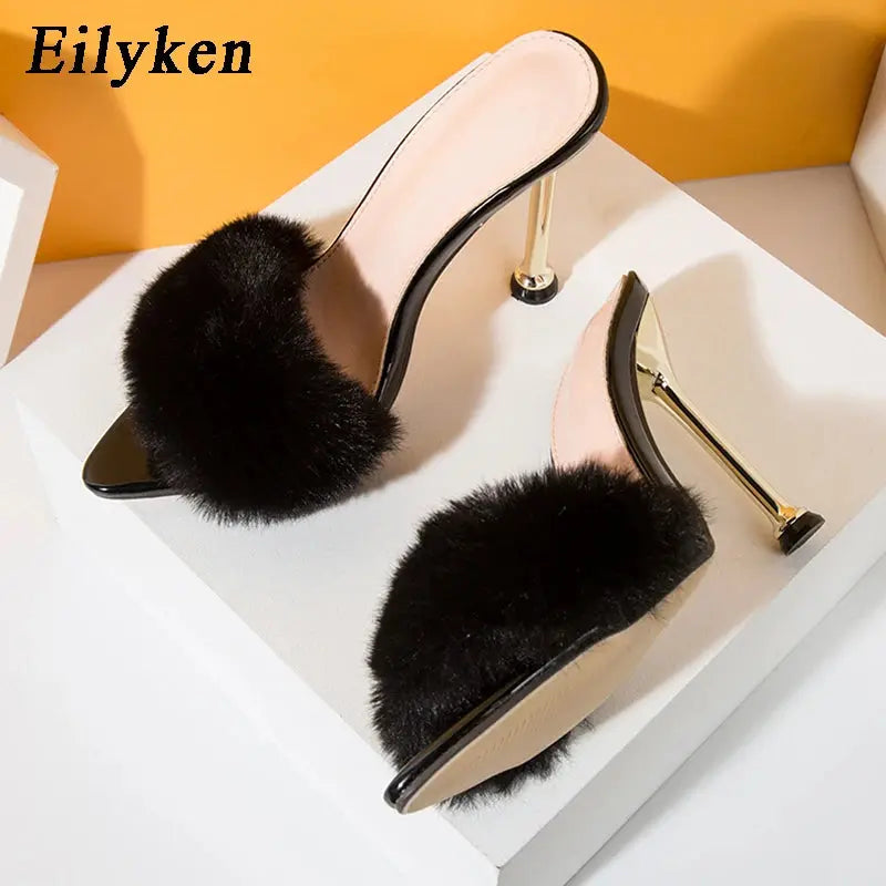 Eilyken Summer Fashion Faux Fur High Heels Women Slippers Sandals Pointed toe Party Flip Flops Slides Mule Shoes