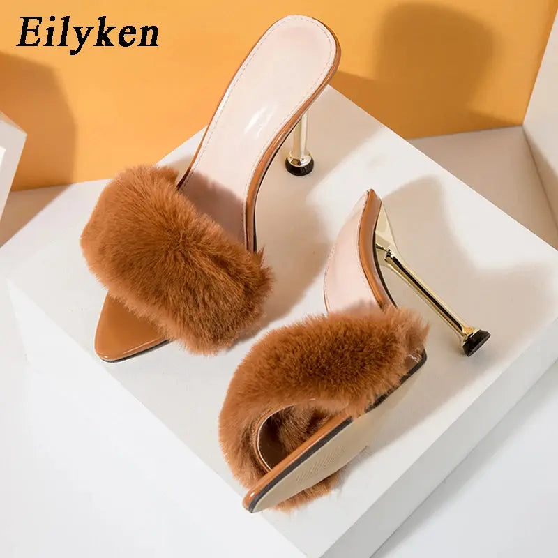 Eilyken Summer Fashion Faux Fur High Heels Women Slippers Sandals Pointed toe Party Flip Flops Slides Mule Shoes