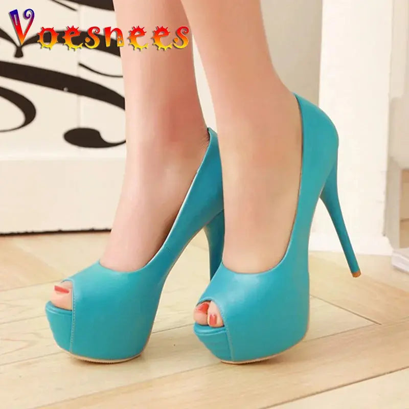 2022 Spring New Super High Heel Fish Mouth Single Shoes Waterproof Platform Comfortable Women's Thin Heel Model Walk Show Pumps