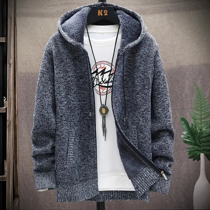 Men's Hooded Fleece Lined Cardigan Sweater