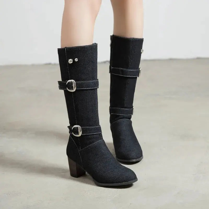 Sexy Jean Boots Women's Long Tube Short Boot Winter High Heel Denim Boot 2019 Lady Stylish Jeans Boots Buckle Strap Shoes Cowboy