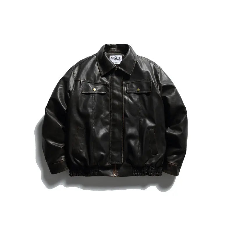 Washed PU Leather Cotton Coat for Men, Casual Warm Winter Jacket