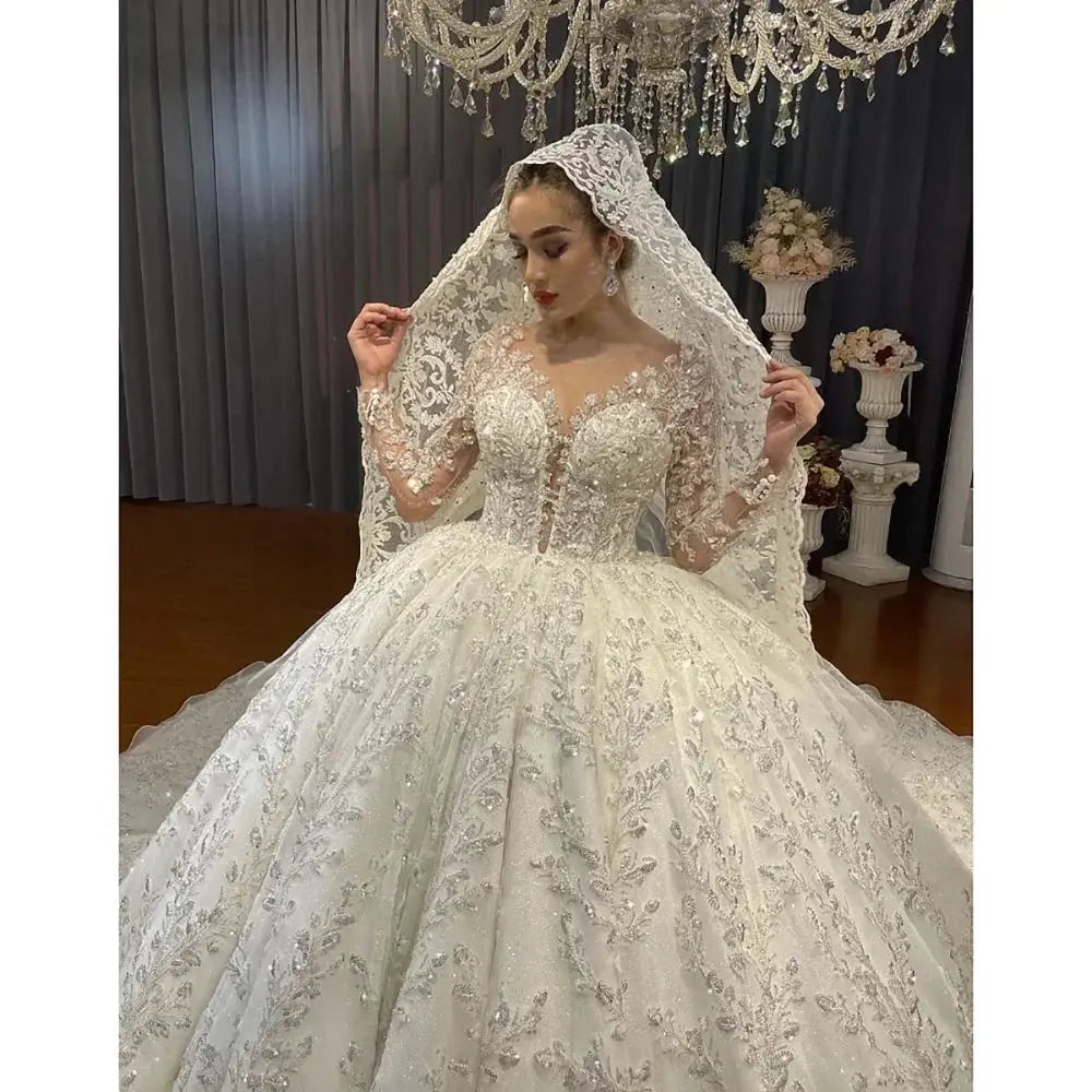 Customzied Gorgeous Long Sleeves Wedding Dress For Women Sequins Appliques Bridal Gown O-Neck Bridal dress Vestido De Novia
