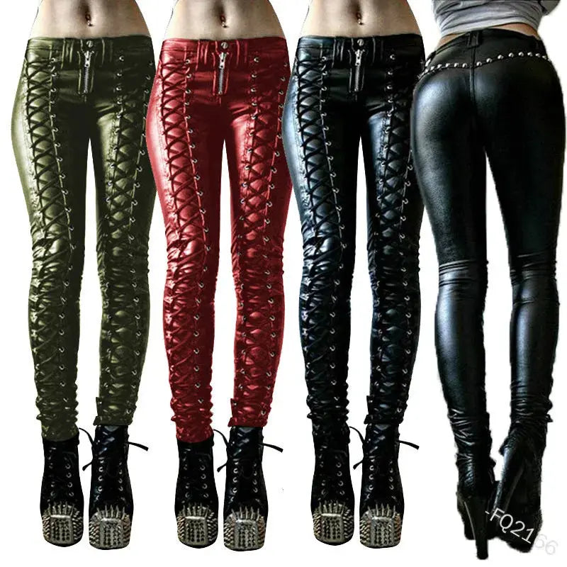 2023 Women Retro PU Pants Leather Pants Steampunk Rivet Lace-up Pencil Pants Skinny Trousers Streetwear Autumn Casual Trousers