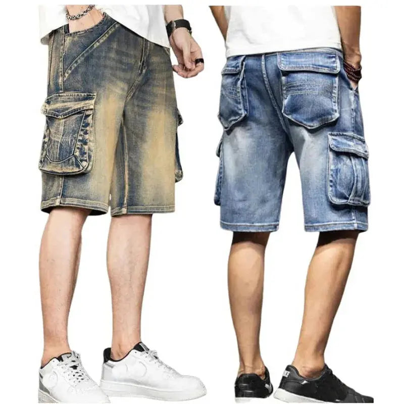 Men Loose Baggy Jeans Shorts Men Jeans Streetwear Long 3/4 Capri Cargo Shorts Pocket Bermuda Male Multi-Pocket Denim Shorts