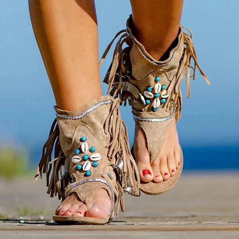 Fashion new style Retro Women Fringe Flower Wedges Shoes 2024 Solid Flock Beach Casual Sandals Women Summer Flip Flop Sandals