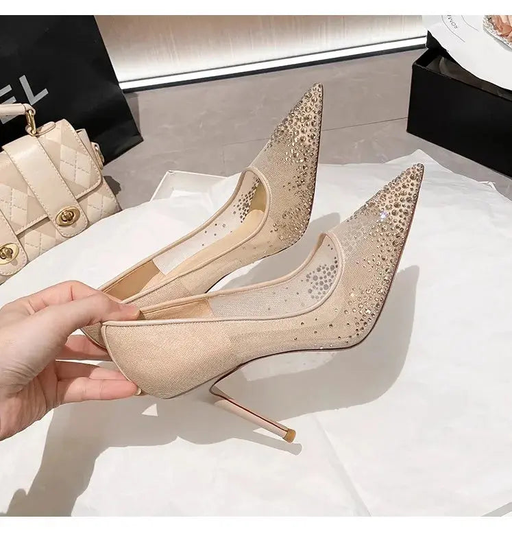 Women's high heels and single shoes for spring and summer  new mesh diamond fashion banquet pointed women's shallow mouth shoes