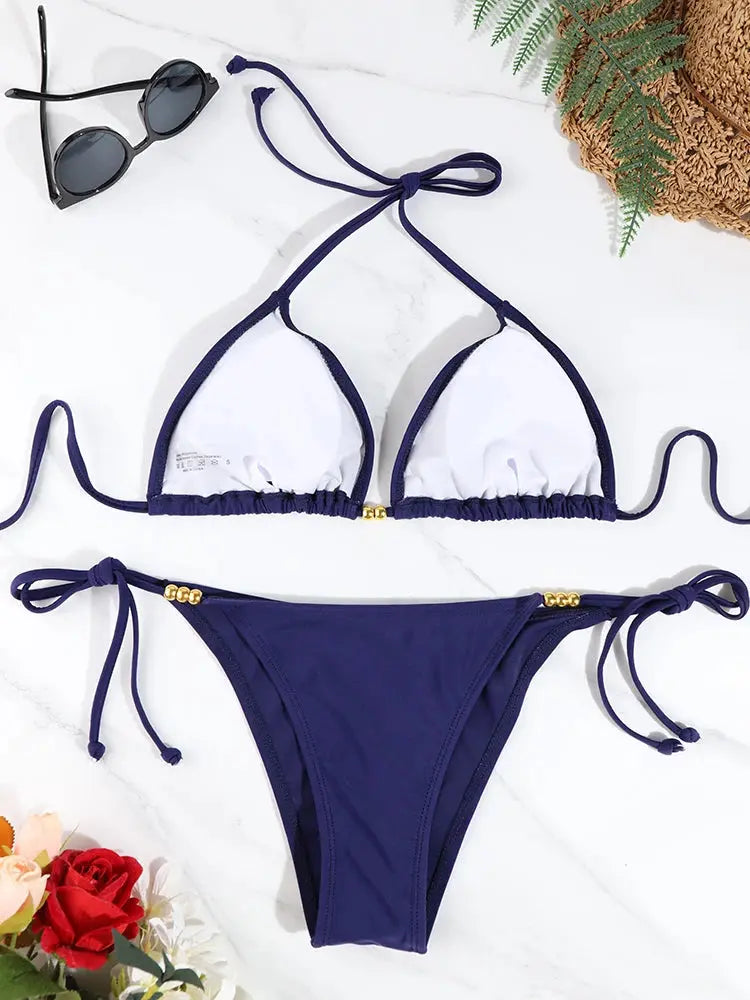 Sexy Swimsuit Women Bathing Suit Triangle Bikini Sets Micro Thongs Beachwear Solid Color Lady's Swimwear Thong Bikin Beachwear