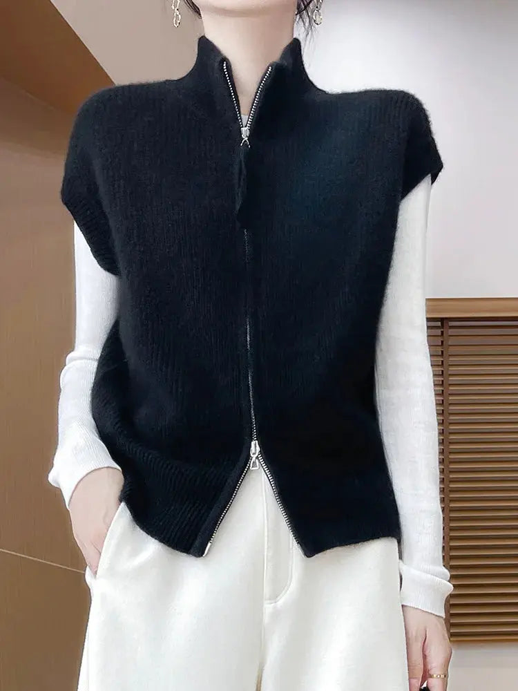Chic Merino Wool Zipper Cardigan for Women