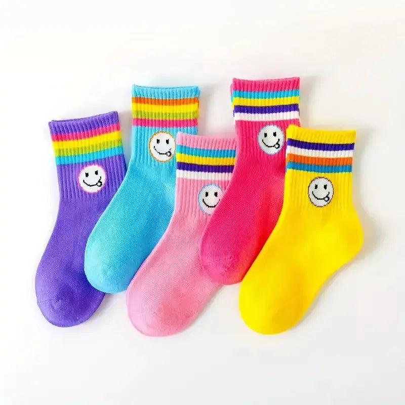 5 Pairs Girls Socks Cute Cartoon Emoticons Face Pattern Comfortable Breathable Ankle Socks For Kids