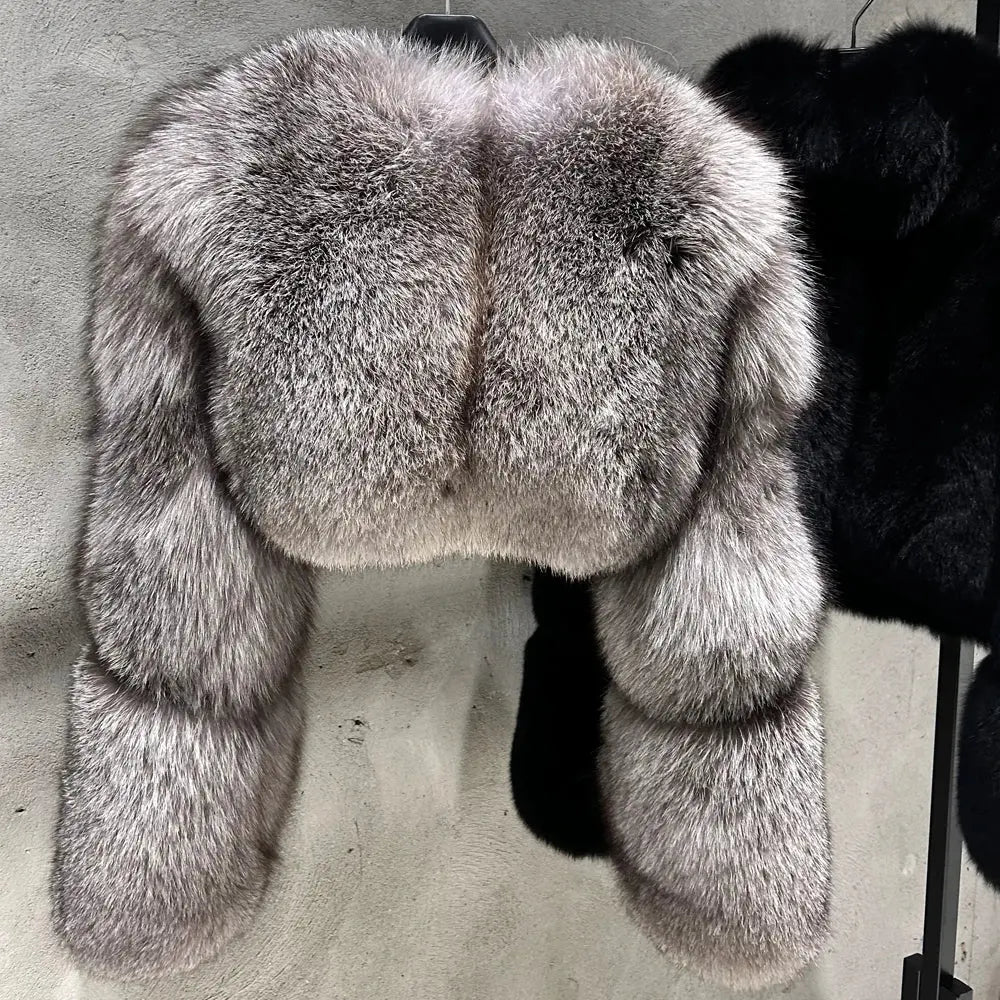 Cropped Sliver Blue Fox Fur Coat Women Real Fox Fur Coat Winter Natural Fox Fur Outerwear