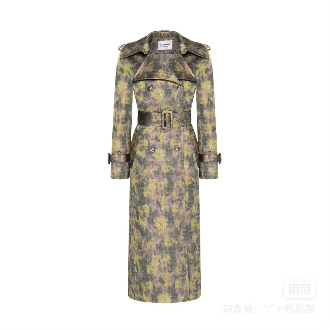Autumn Winter Long Coat Trench Flora Double Breasted Jacket Turndown Collar Indie Folk Coat Windbreaker Overcoat Vintage
